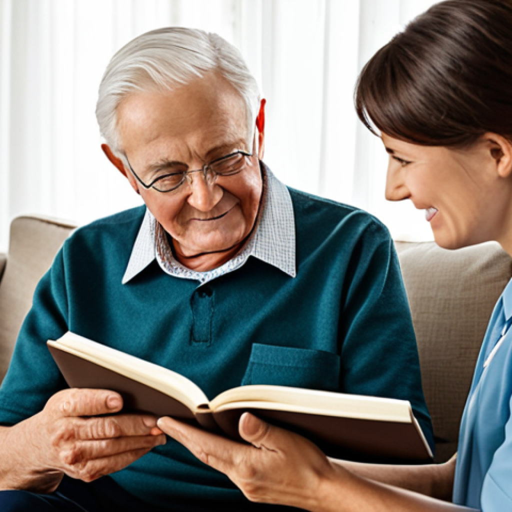 A compassionate female professional caregiver, fully clothed in modest professional attire, gently interacts with a senior male patient with dementia, who is also fully clothed in comfortable, appropriate daywear. They are in a warm, well-lit living room, where the caregiver is showing the senior an old family photo album, gently holding his hand. The setting emphasizes emotional connection and personalized care. Perfect anatomy, correct proportions, natural pose, well-formed hands, proper finger count, natural body proportions. Professional photography, high detail, clear focus, safe for work, appropriate content, family-friendly.
