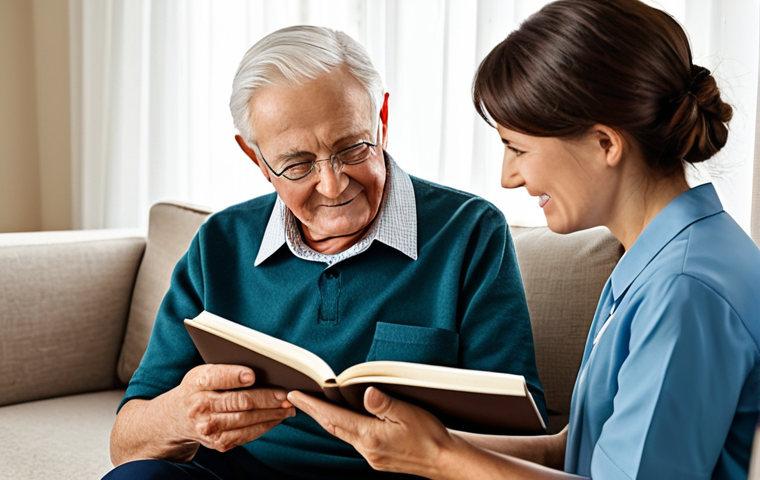 A compassionate female professional caregiver, fully clothed in modest professional attire, gently interacts with a senior male patient with dementia, who is also fully clothed in comfortable, appropriate daywear. They are in a warm, well-lit living room, where the caregiver is showing the senior an old family photo album, gently holding his hand. The setting emphasizes emotional connection and personalized care. Perfect anatomy, correct proportions, natural pose, well-formed hands, proper finger count, natural body proportions. Professional photography, high detail, clear focus, safe for work, appropriate content, family-friendly.