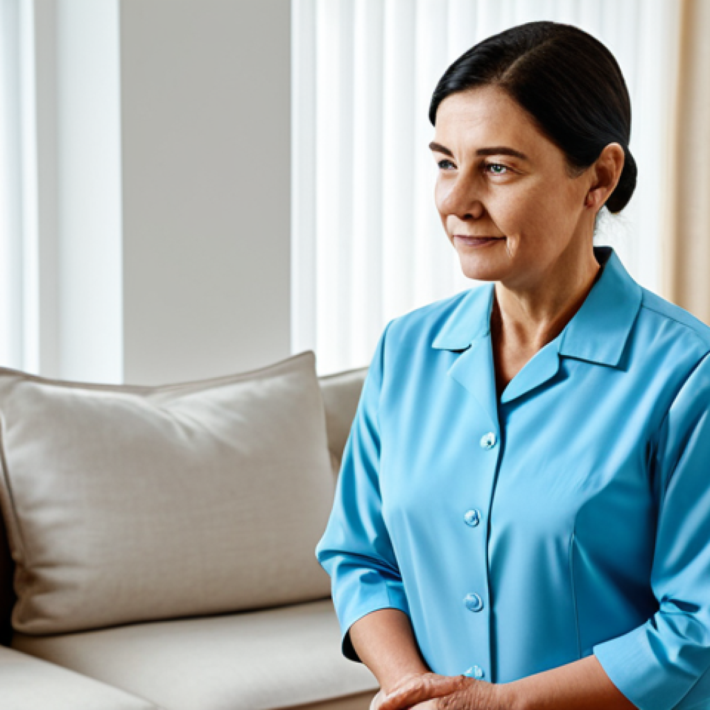 A compassionate and professional female dementia caregiver, fully clothed in a modest, light-blue uniform, standing calmly in a brightly lit, clean living room. Her posture is attentive, and her expression conveys deep empathy and patience, ready to engage in gentle, effective communication. The room features comfortable, neutral-toned furniture and soft, natural light, creating a serene and safe environment. Perfect anatomy, correct proportions, natural pose, well-formed hands, proper finger count, natural body proportions, appropriate attire, professional dress, safe for work, appropriate content, family-friendly, high-quality professional photography, detailed, realistic.