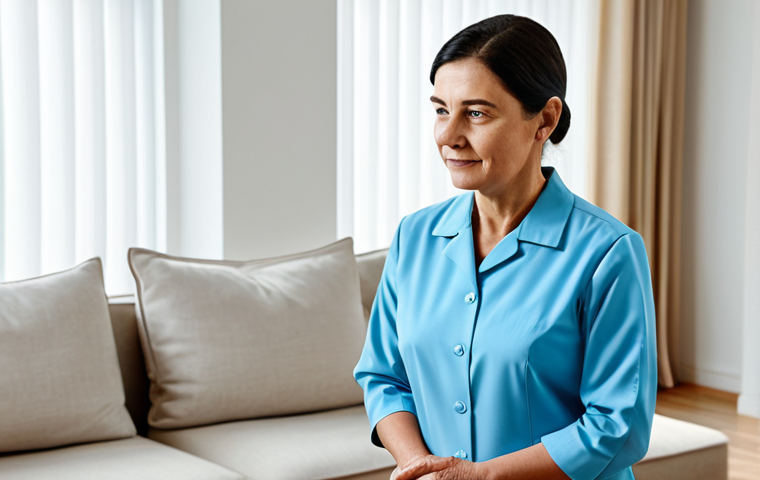 A compassionate and professional female dementia caregiver, fully clothed in a modest, light-blue uniform, standing calmly in a brightly lit, clean living room. Her posture is attentive, and her expression conveys deep empathy and patience, ready to engage in gentle, effective communication. The room features comfortable, neutral-toned furniture and soft, natural light, creating a serene and safe environment. Perfect anatomy, correct proportions, natural pose, well-formed hands, proper finger count, natural body proportions, appropriate attire, professional dress, safe for work, appropriate content, family-friendly, high-quality professional photography, detailed, realistic.