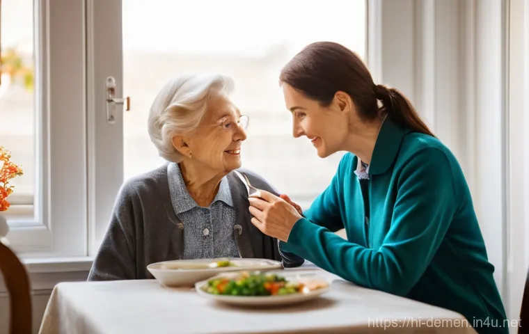 치매관리사 필기시험 과목별 공부법 - **Prompt:** A compassionate caregiver, fully clothed in comfortable yet professional attire, gently ...